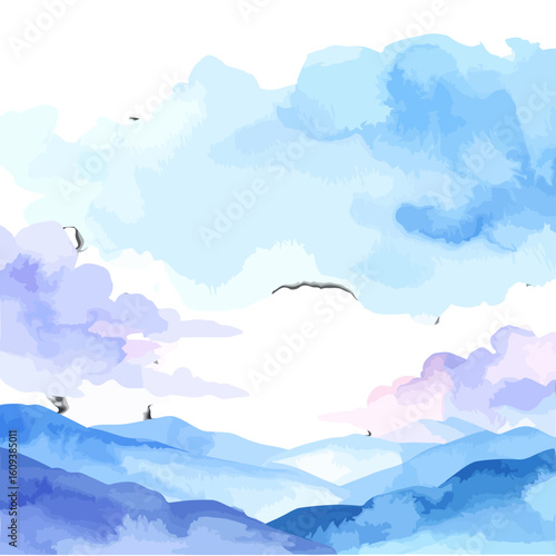 Watercolor Landscape of Pastel Mountains and Clouds