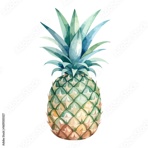 A vibrant watercolor pineapple with a teal crown and a textured, ripening rind.