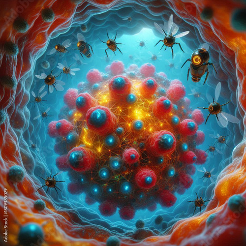 An AI-powered nanobot swarm repairing damaged cells inside a human body, microscopic view with vibrant colors