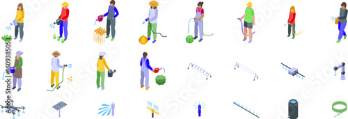 Watering crops icons set. Isometric set of farmers using various irrigation methods, from traditional watering cans to advanced sprinkler systems and agricultural drones