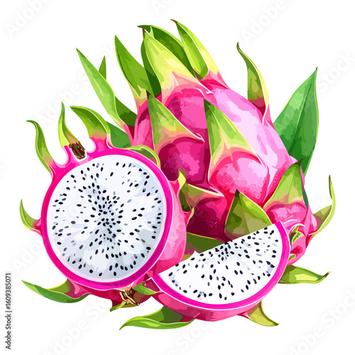 Vibrant artistic illustration of whole and sliced pink dragon fruit, showing its white flesh with black seeds and green scales.
