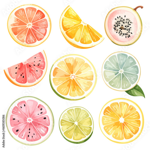Vibrant watercolor illustration set of various citrus, watermelon, and tropical fruit slices.