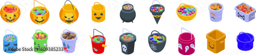 Halloween bucket sweets icons set. Colorful isometric icons of halloween trick or treat candy buckets and holders filled with sweets and treats