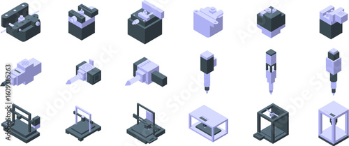 3d printer extruder icons set. Isometric icons showcasing a variety of 3d printers and cnc machines, highlighting advanced manufacturing processes
