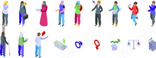 Workplace discrimination icons set. Isometric set of diverse people facing social issues, highlighting poverty, unemployment, gender inequality, and discrimination