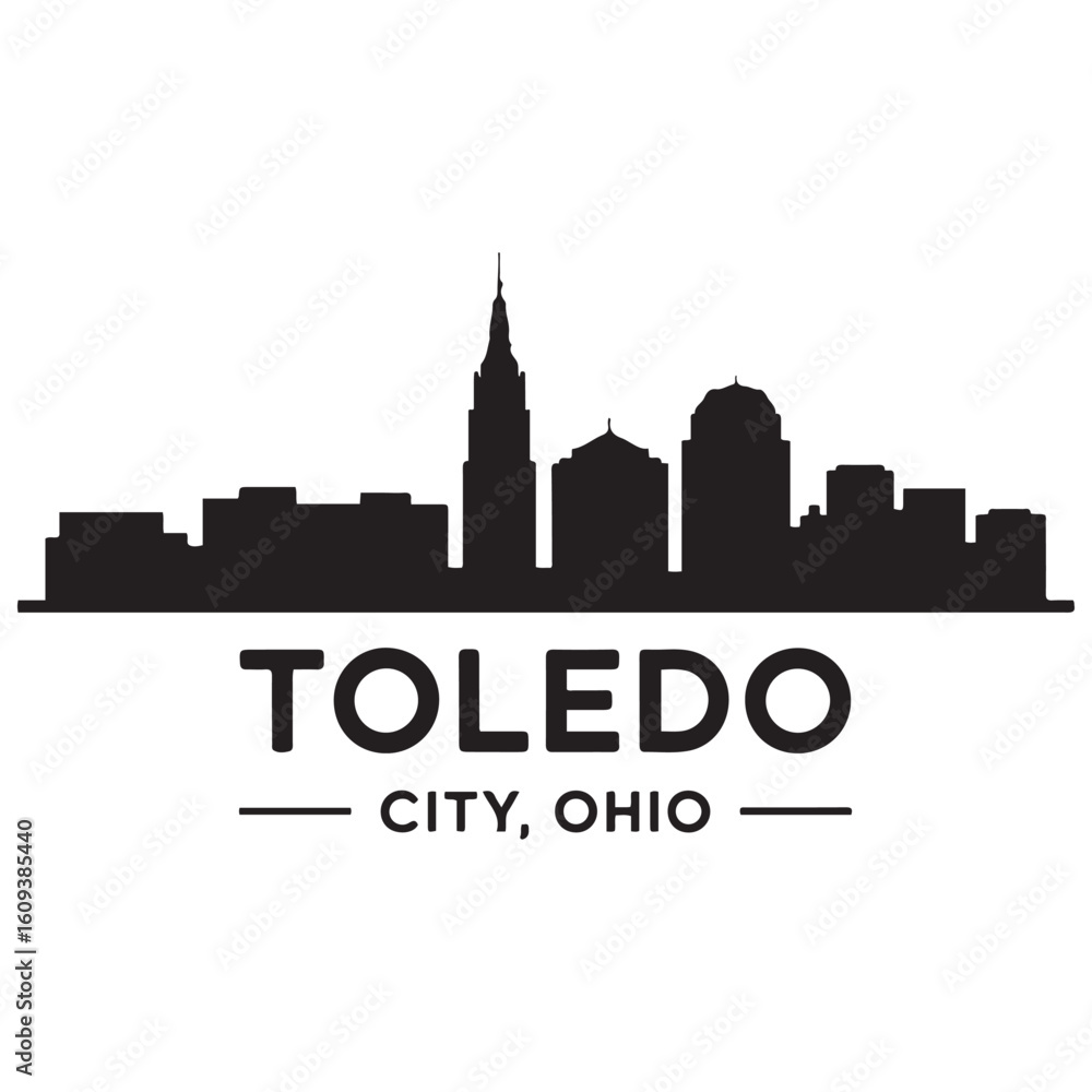 Obraz premium Toledo skyline horizontal banner. Toledo City, Ohio. Vector template for your design. Vector black silhouette. with white background