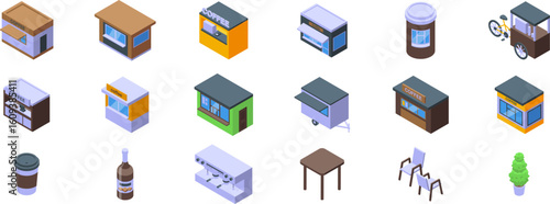Coffee booth icons set. Isometric set of various coffee shops, stalls, kiosks, and related elements, ideal for representing urban refreshment and on the go beverages