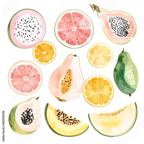 Artistic watercolor collection of sliced tropical fruits, including papaya, dragon fruit, melon, and citrus.