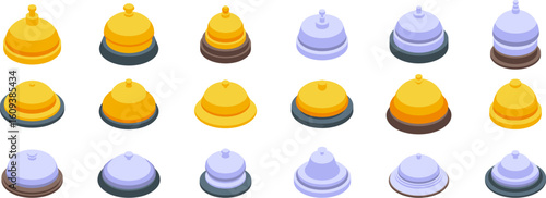 Hotel bell icons set. Isometric set of reception bells representing customer service, alerting staff, and requesting assistance