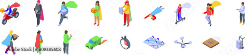 Superheroes courier icons set. Delivery couriers dressed as superheroes are using different methods of transportation to quickly deliver packages