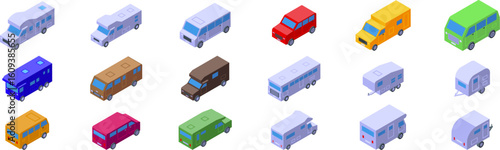 Campervan icons set. Colorful isometric camper vans and trailers embody freedom and travel, offering a nomadic lifestyle for adventurers