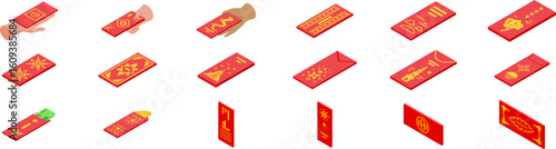 Angpao money envelope icons set. Isometric set of red envelopes, symbol of luck and prosperity, exchanged during lunar new year celebrations, often containing money
