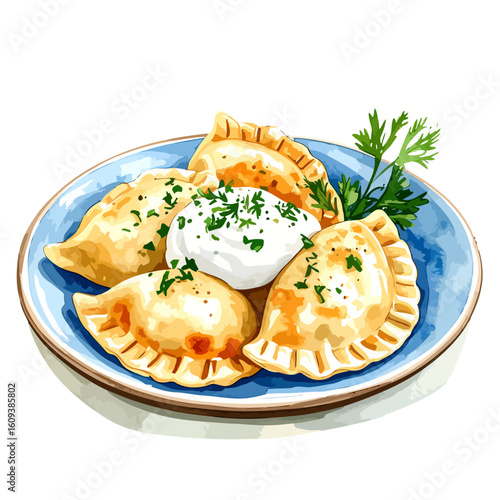 Watercolor illustration of traditional pierogi dumplings with sour cream and parsley on a blue plate.