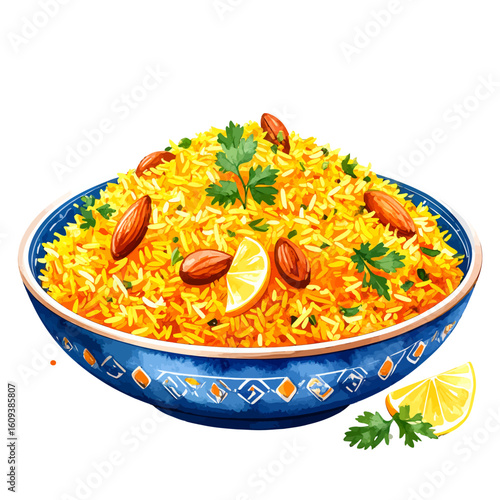 Aromatic Yellow Rice Dish Garnished with Almonds and Lemon Slices