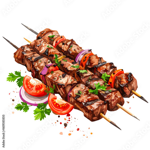 Three grilled shish kebabs with beef, onion, and pepper, garnished with fresh tomato and parsley.