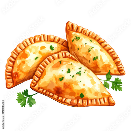 Savory golden-brown empanadas with crimped edges, garnished with fresh parsley.