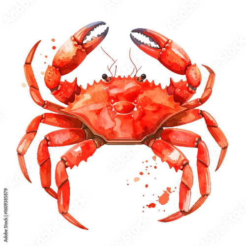 Vibrant Red Watercolor Crab Illustration with Raised Claws, Detailed Marine Animal Artwork