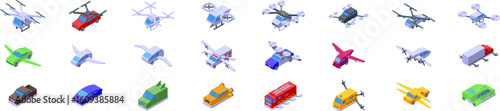 Flying car icons set. Modern air vehicles providing efficient and convenient urban mobility, reducing traffic congestion
