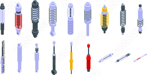 Shock absorber icons set. Set of shock absorber icons in isometric view, showcasing various designs and colors for automotive and motorcycle applications