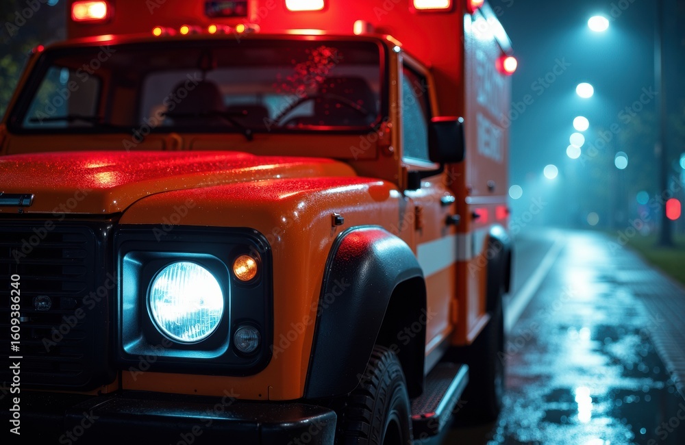 Fototapeta premium Emergency fire truck parked on a wet city street at night with bright blue and red lights