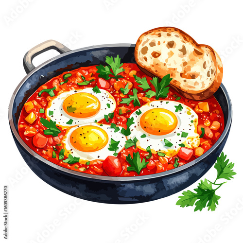 Colorful Illustration of Shakshuka with Fried Eggs and Toasted Bread