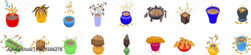 Dead plant pot icons set. Collection of dying potted plants representing neglect, lack of attention, and improper plant care