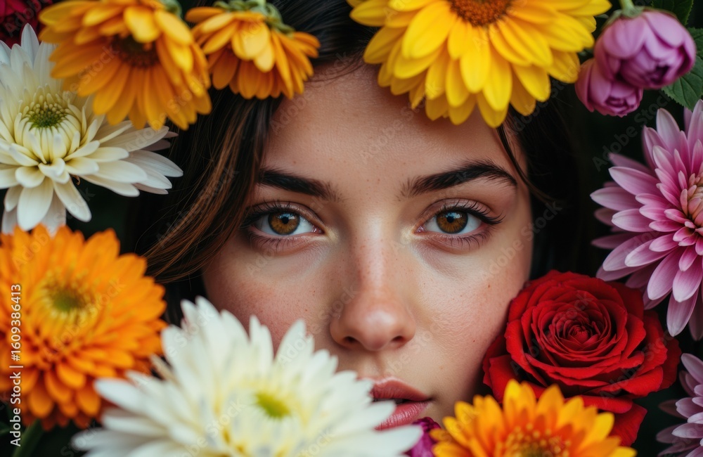 Woman with brown hair surrounded by colorful flowers creating a vibrant floral frame