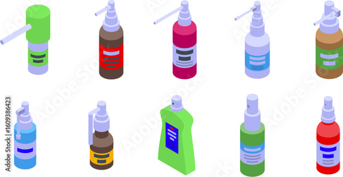 Throat spray icons set. Nasal spray bottles providing relief from congestion, allergies, and sinus issues