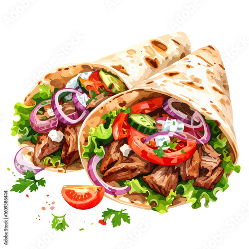 Two savory meat wraps, generously filled with crisp lettuce, juicy tomatoes, red onions, and creamy sauce, presented in a vibrant illustrative style.