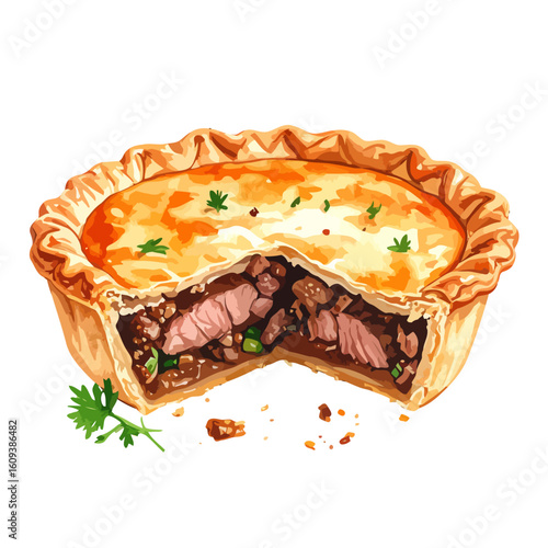 Golden-brown baked meat pie with a crimped crust, cut open to reveal a rich steak and herb filling.