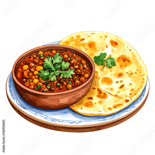 Hearty bowl of Indian lentil curry with fresh cilantro, served with warm naan bread on a decorative plate.