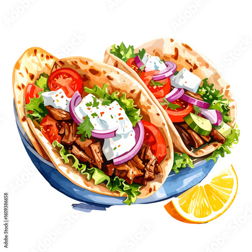Two Colorful Greek Tacos with Lamb, Feta, and Vegetables