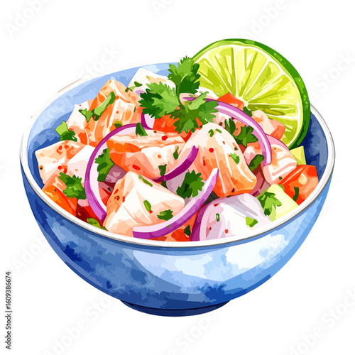 Vibrant watercolor illustration of a fresh seafood ceviche bowl, garnished with red onion, cilantro, and a bright lime slice.