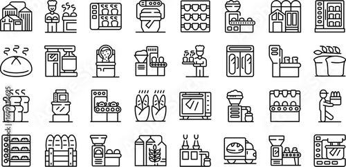 Bread factory icons set. Bakery production line, bread making process, industrial baking equipment, and workers involved in food processing