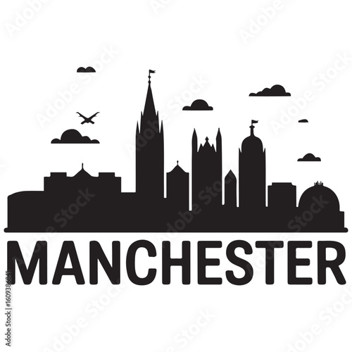 Vector Manchester skyline. Travel Manchester famous landmarks. Business and tourism concept for presentation, banner, web site. Vector black silhouette. with white background