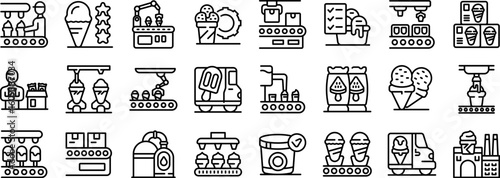 Ice cream factory icons set. Automated production line manufacturing ice cream, cones, and popsicles, ensuring quality and efficiency in a factory setting