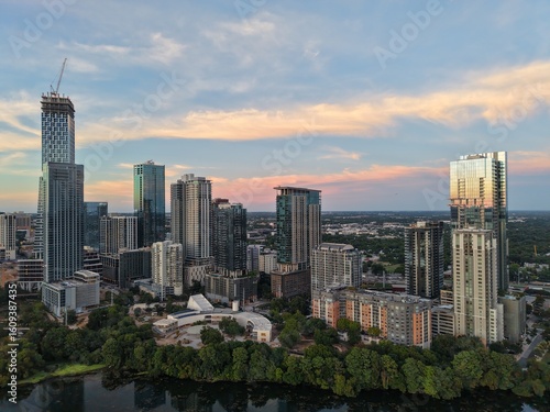 Beautiful Austin skyline during sunset with a stunning aerial drone view 