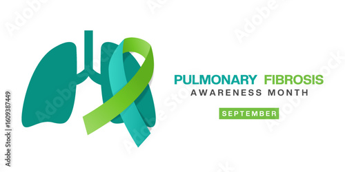 September is Pulmonary Fibrosis Awareness Month. Lung and ribbon. Great for posters, banners and social media. White background. 