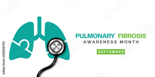 September is Pulmonary Fibrosis Awareness Month. Lung and stesthoscope. Great for posters, banners and social media. White background. 