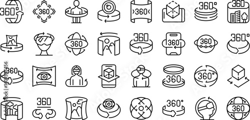 360 degree view icons set. Set of 360 degrees rotation technology icons depicting concepts such as virtual reality, panoramic view, augmented reality, and object rotation