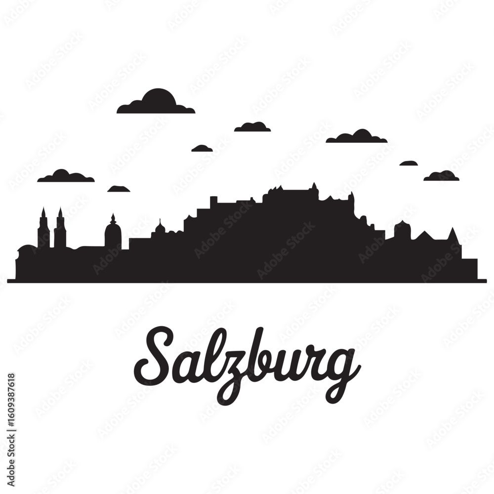Fototapeta premium Salzburg skyline horizontal banner. Salzburg, Austria. Vector template for your design. Vector black silhouette. with white background