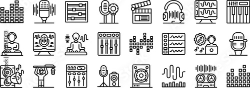 Sound engineer icons set. Icons representing sound recording, audio production, mixing, mastering, and other related activities