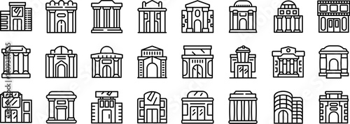Theatre architecture icons set. Line drawing icons representing various government buildings, including courthouses, museums, banks, and other municipal structures
