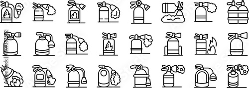 Fire suppression foam icons set. Different types of fire extinguishers spraying extinguishing agent, line icons showing how to put out a fire