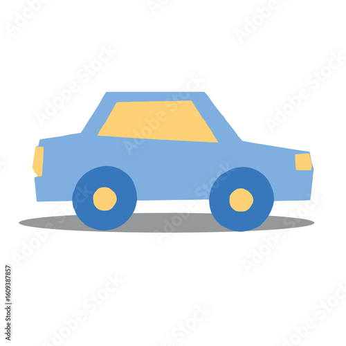 Simple cartoon illustration of a light blue car with yellow windows and wheels, casting a grey shadow.