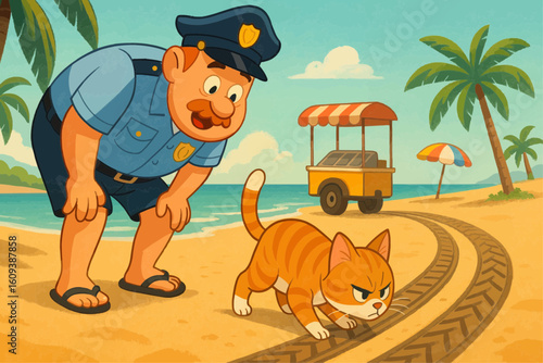 Cartoon police officer and cat inspecting tire tracks beside empty beach kiosk