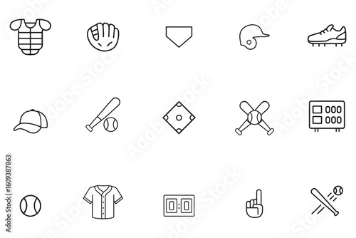 Baseball line icon set, sports equipment and game symbols in outline style