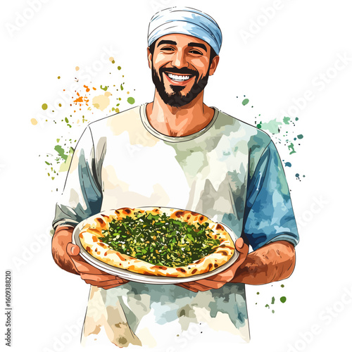 Smiling Baker Presenting a Khachapuri-like Flatbread with Abundant Green Herbs