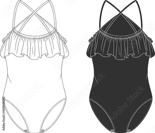 Ruffled swimsuit fashion sketch, one-piece swimwear, flat vector drawing, cross-back straps, CAD design illustration, apparel technical layout, summer style