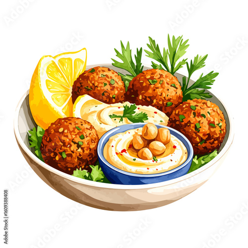 Falafel Bowl with Hummus, Lemon, and Parsley Garnish Illustration